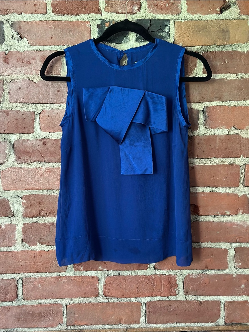 Blue Silk Bow Front Sleeveless Blouse 100% Silk Cobalt Blue Top